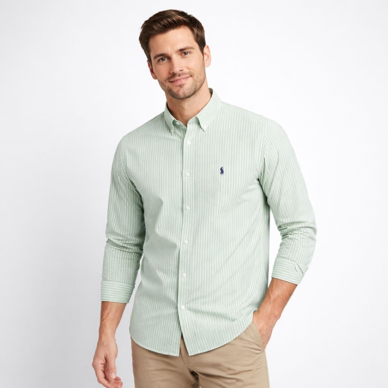 ⁦قميص رجالي قطني مخطط ابيض واخضر⁩ - الصورة ⁦1⁩