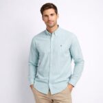 قميص رجالي قطني مخطط ابيض واخضر