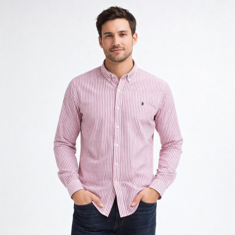 ⁦قميص رجالي قطني مخطط ابيض وخمري⁩ - الصورة ⁦1⁩