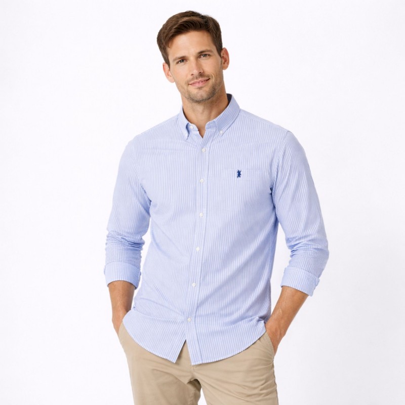 ⁦قميص رجالي قطني مخطط ابيض وازرق⁩ - الصورة ⁦1⁩