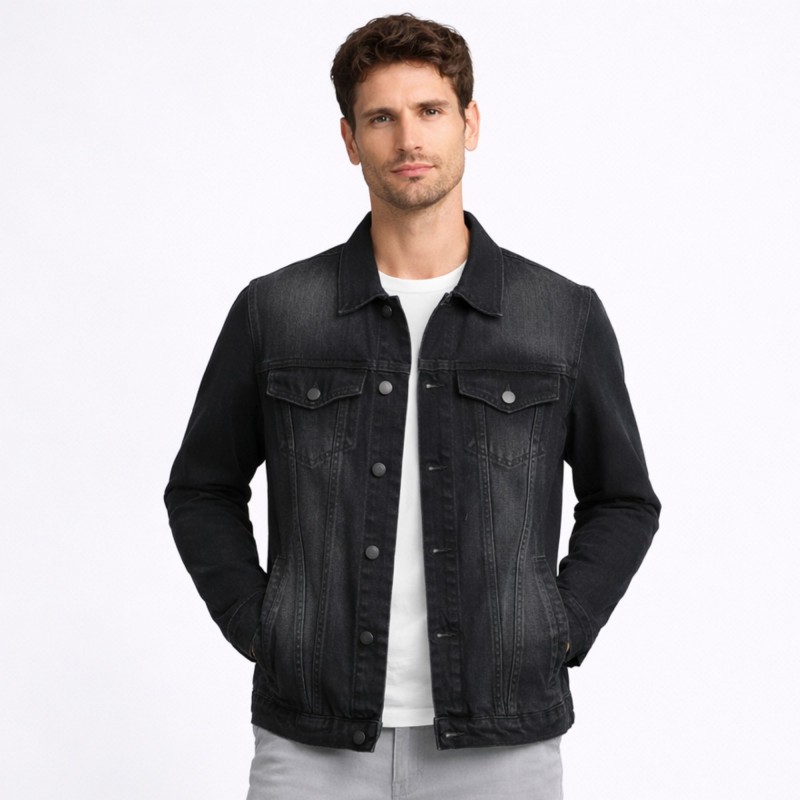 ⁦جاكيت جينز بأزرار وأكمام طويلة للرجال لون اسود⁩ - الصورة ⁦1⁩