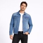 جاكيت جينز بأزرار وأكمام طويلة للرجال لون ازرق