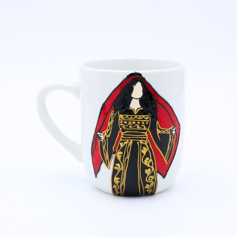 ⁦مج بتصميم تراثي الثوب الفلسطيني حجم 250 مل لون أبيض ( رسم يدوي )⁩ - الصورة ⁦1⁩