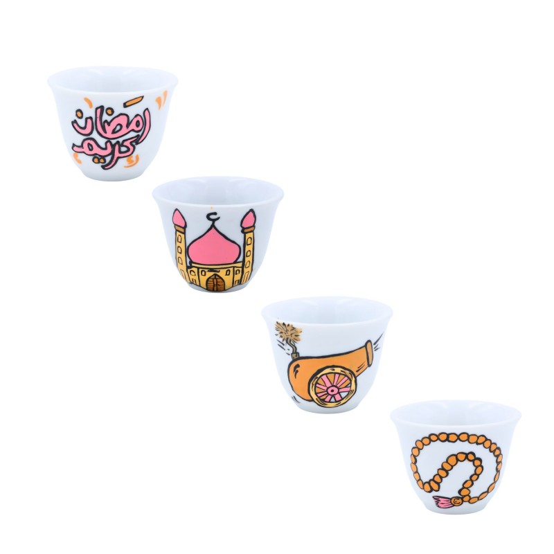 ⁦طقم فناجين ساده بتصميم رمضاني لون ابيض مكون من اربع قطع ( رسم يدوي )⁩ - الصورة ⁦1⁩
