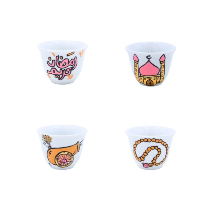 ⁦طقم فناجين ساده بتصميم رمضاني لون ابيض مكون من اربع قطع ( رسم يدوي )⁩ - الصورة ⁦3⁩