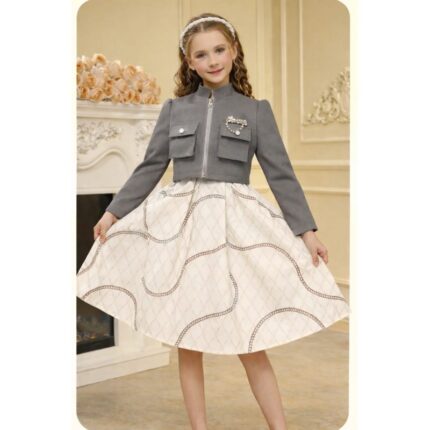 فستان بناتي قطعتين مميز لون سكني