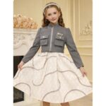 ⁦فستان بناتي قطعتين مميز لون سكني⁩ - الصورة ⁦2⁩