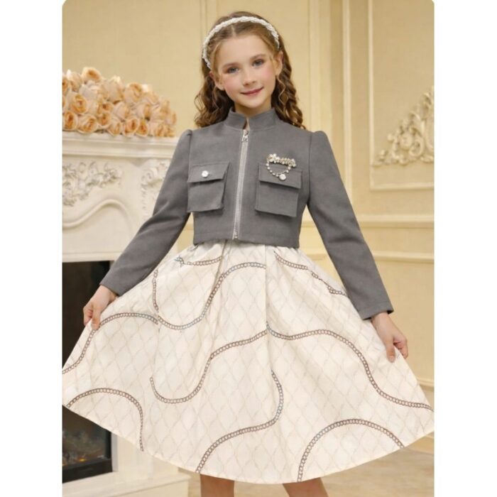 ⁦فستان بناتي قطعتين مميز لون سكني⁩ - الصورة ⁦2⁩