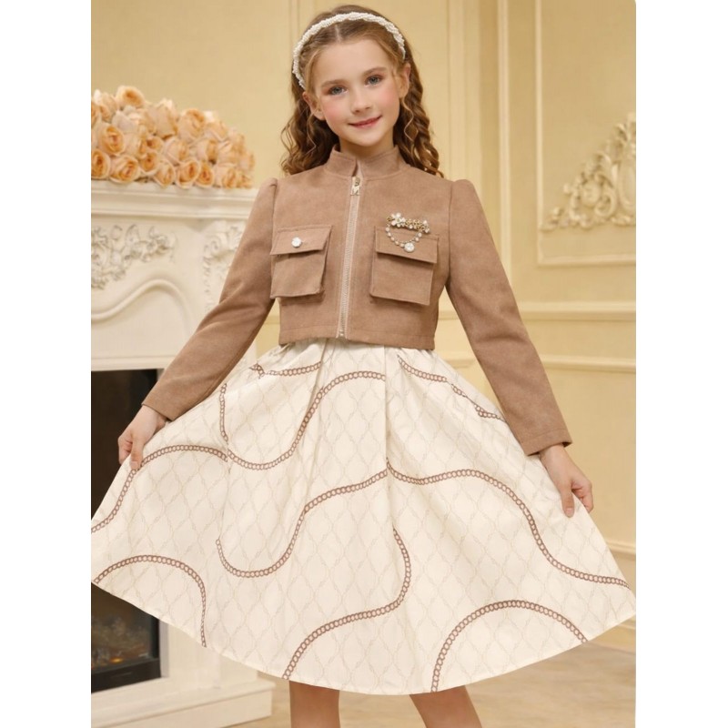 ⁦فستان بناتي قطعتين مميز لون بني⁩ - الصورة ⁦1⁩