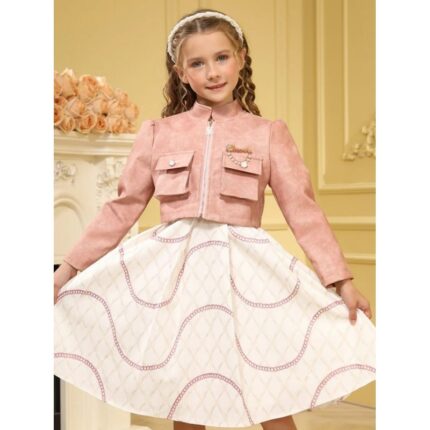 فستان بناتي قطعتين مميز لون زهري وبيج