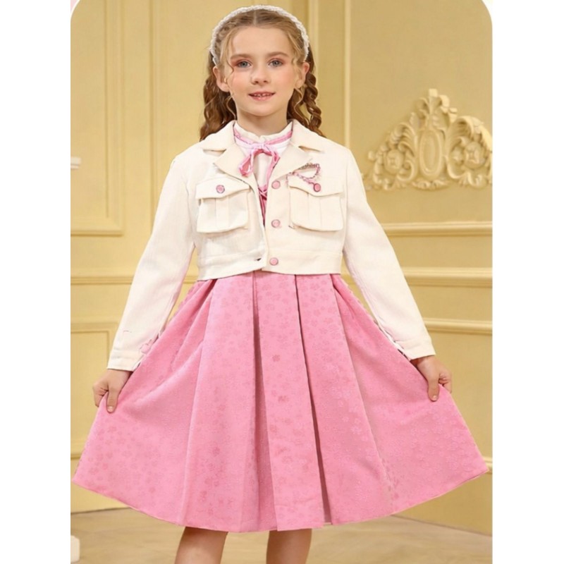 ⁦فستان بناتي قطعتين لون زهري وبيج⁩ - الصورة ⁦1⁩