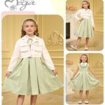 فستان بناتي قطعتين لون اخضر وبيج