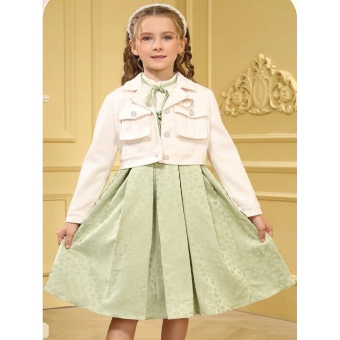 ⁦فستان بناتي قطعتين لون اخضر وبيج⁩ - الصورة ⁦2⁩